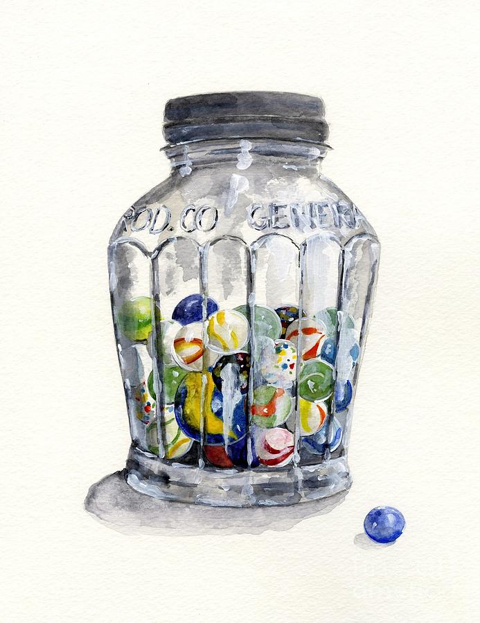 Toy Painting - Jar with Marbles Watercolor by Sheryl Heatherly Hawkins