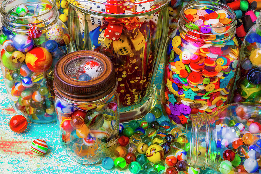 Jars Full Of Marbles Dice With Buttons Photograph by Garry Gay