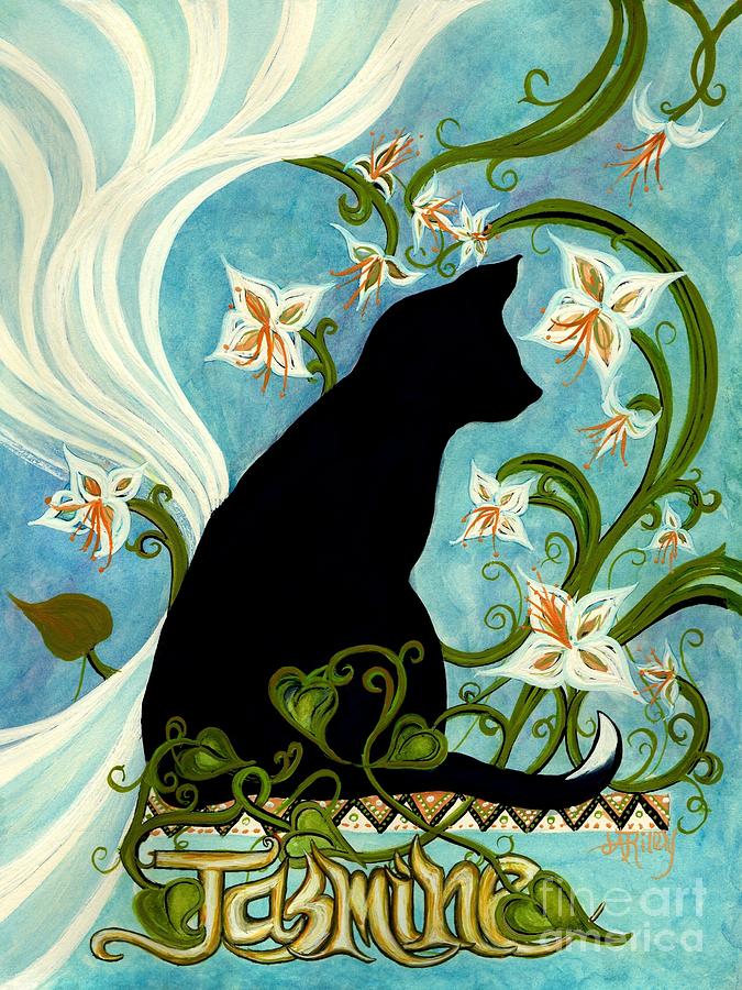 Jasmine on my mind - Black Cat in Window Painting by Janine Riley