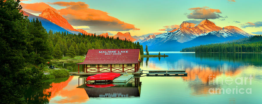 Jasper Maligne Lake Sunset Panorama Photograph by Adam Jewell