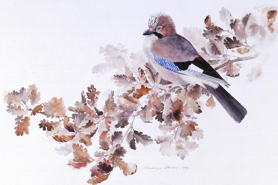 Jay on a Dried Oak Branch Painting by Attila Meszlenyi