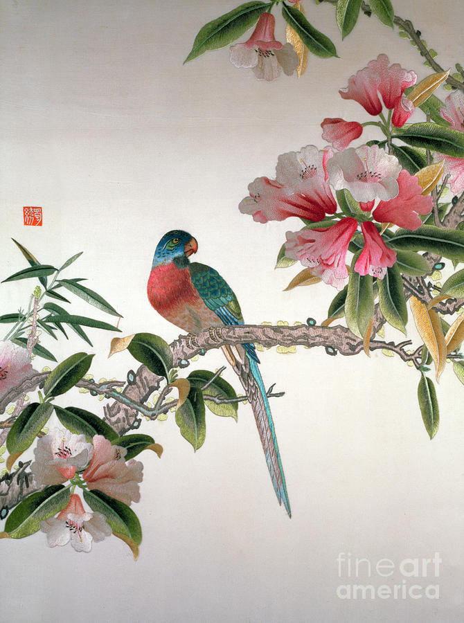 Jay on a flowering branch Tapestry - Textile by Chinese School