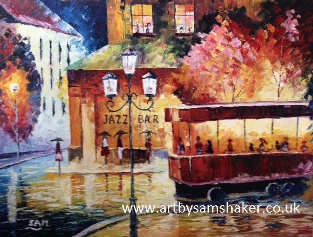 Jazz bar on a rainy night in Amsterdam  Painting by Sam Shaker