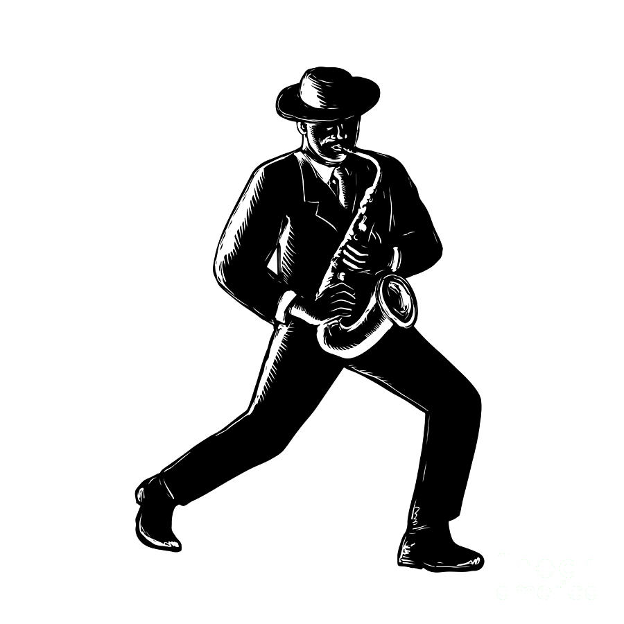 Jazz Musician Playing Sax Woodcut Digital Art