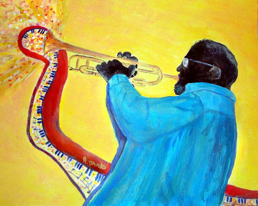 Jazzy trumpet player Painting by Anne Sands
