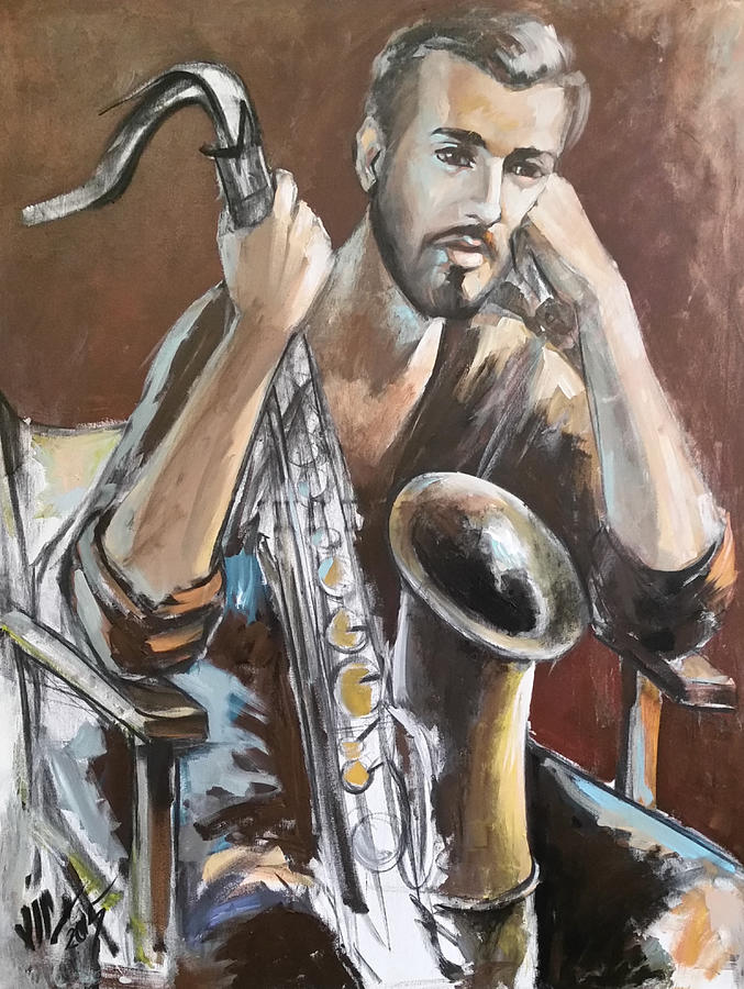Jazz Painting - Jazz.Saxophone player painting by Vali Irina Ciobanu  by Vali Irina Ciobanu