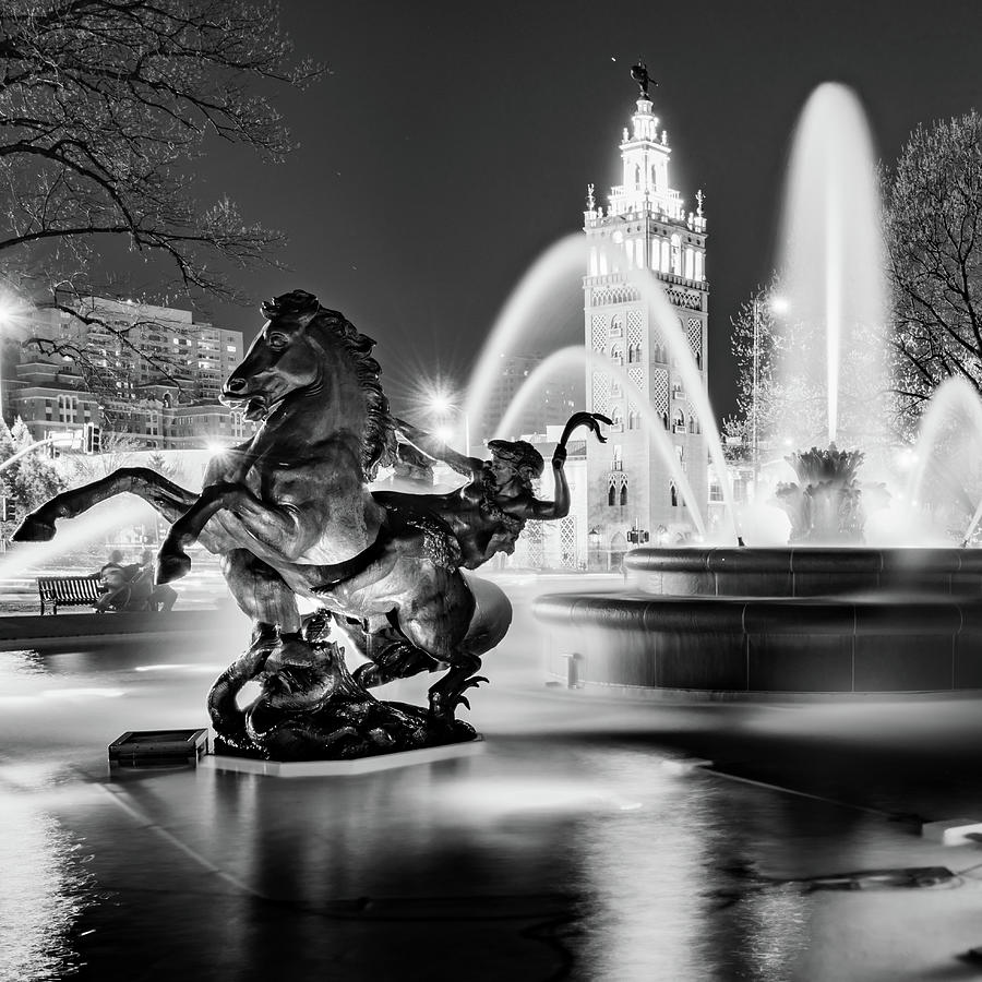 J.C. Nichols Fountain and Statues - Square Format - Black and White Edition Photograph by Gregory Ballos