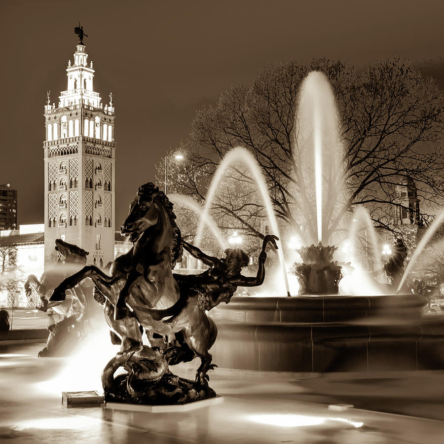 J.C. Nichols Fountain Statues - Kansas City Plaza in Sepia Photograph by Gregory Ballos