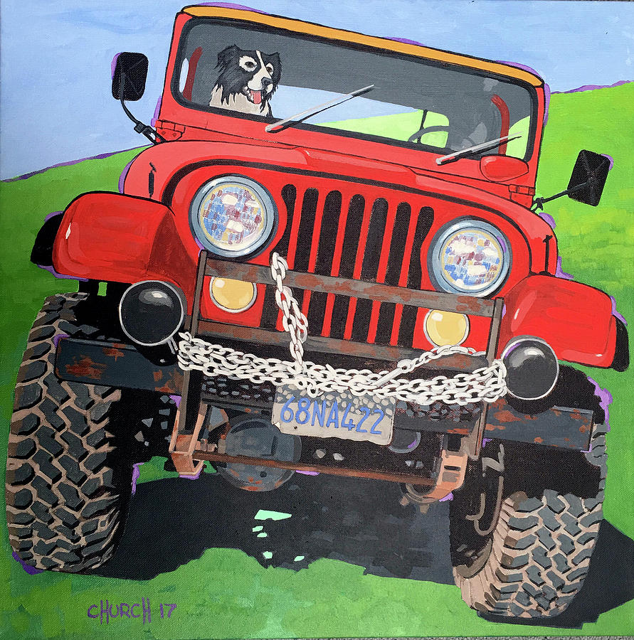 Whimsical dogs in a Jeep Art Print-Jeep Art-Dog Art