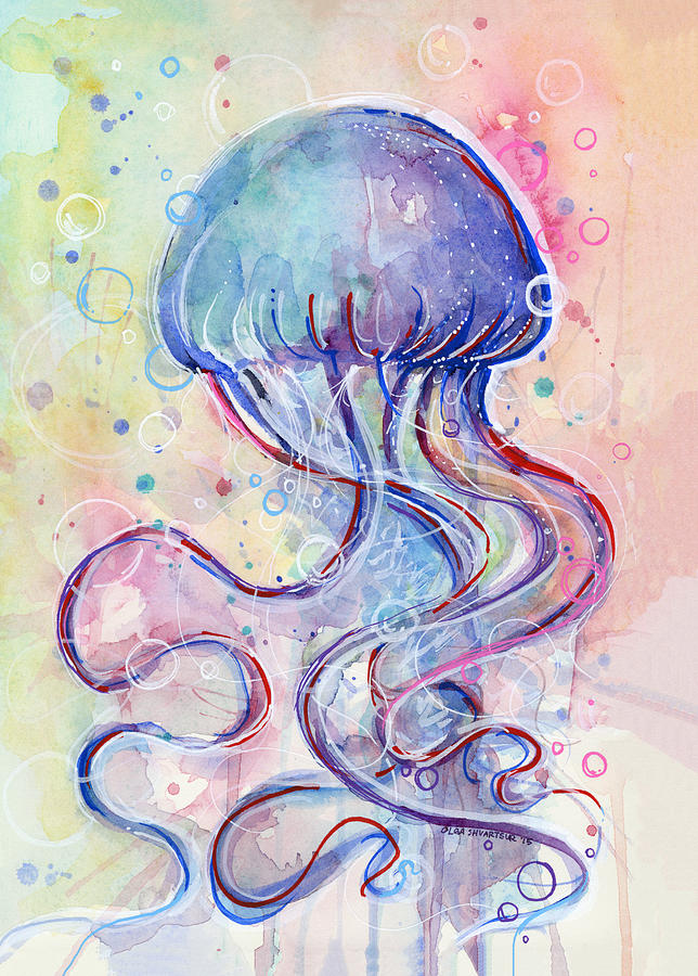 Jelly Fish Watercolor Painting by Olga Shvartsur