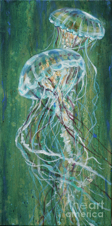Jellyfish Greens Painting by Linda Olsen