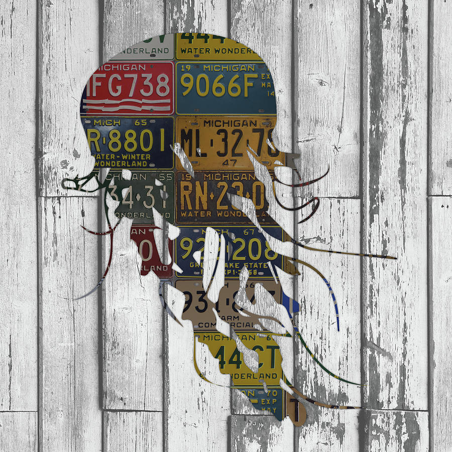 Vintage Mixed Media - Jellyfish in License Plates Beach House Vintage Decor Series 006 by Design Turnpike