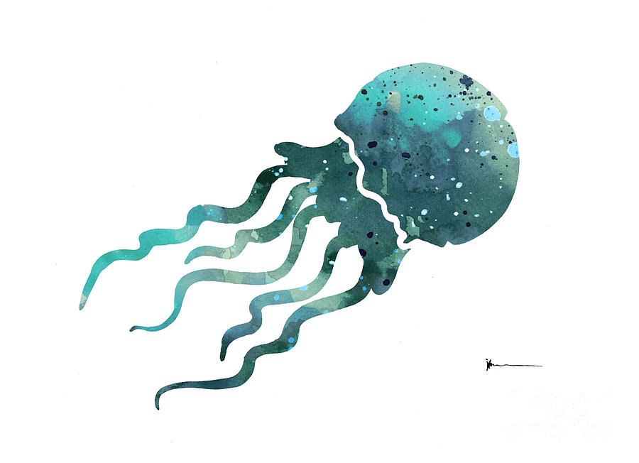 Abstract Painting - Jellyfish silhouette watercolor art print painting by Joanna Szmerdt