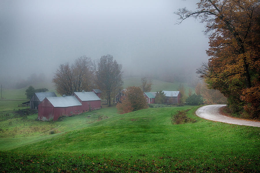 Jenne farm on a foggy day in autumn Photograph by Jeff Folger