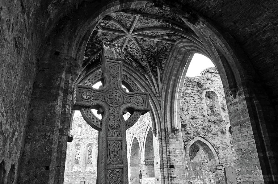 Jerpoint Abbey Celtic High Cross and Vaulted Gothic Ceiling County Kilkenny Ireland Black and White Photograph by Shawn OBrien