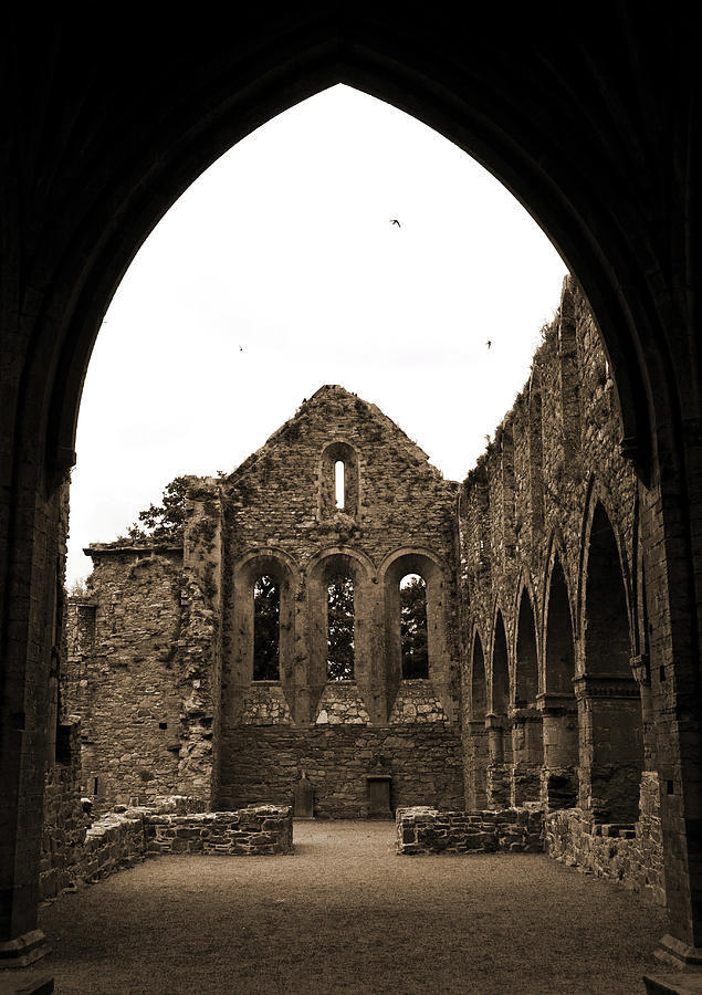 Jerpoint Abbey Framed By Arch Medieval 12th Century Ruins County Kilkenny Ireland Sepia Photograph by Shawn OBrien