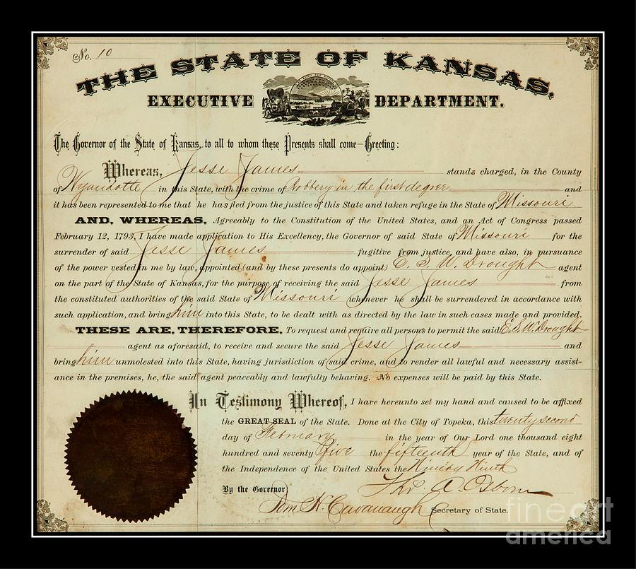 Jesse James Kansas Extradition Order 1875 Digital Art by Peter Ogden