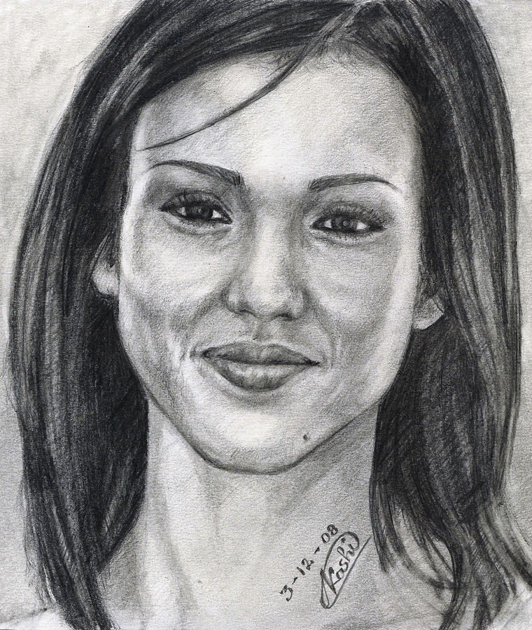 Jessica Alba Portrait Drawing by Alban Dizdari
