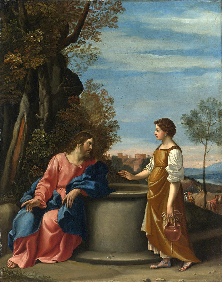 Jesus and the Woman from Samaria Painting by Follower of Guido Reni