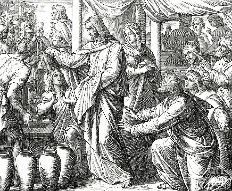 Jesus changes water into wine, Gospel of John Drawing by Julius Schnorr von Carolsfeld