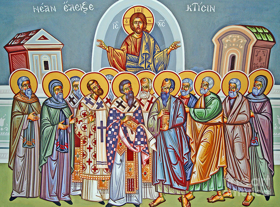 Byzantine Painting - Jesus Christ and his Twelve Apostles by Cypriot School