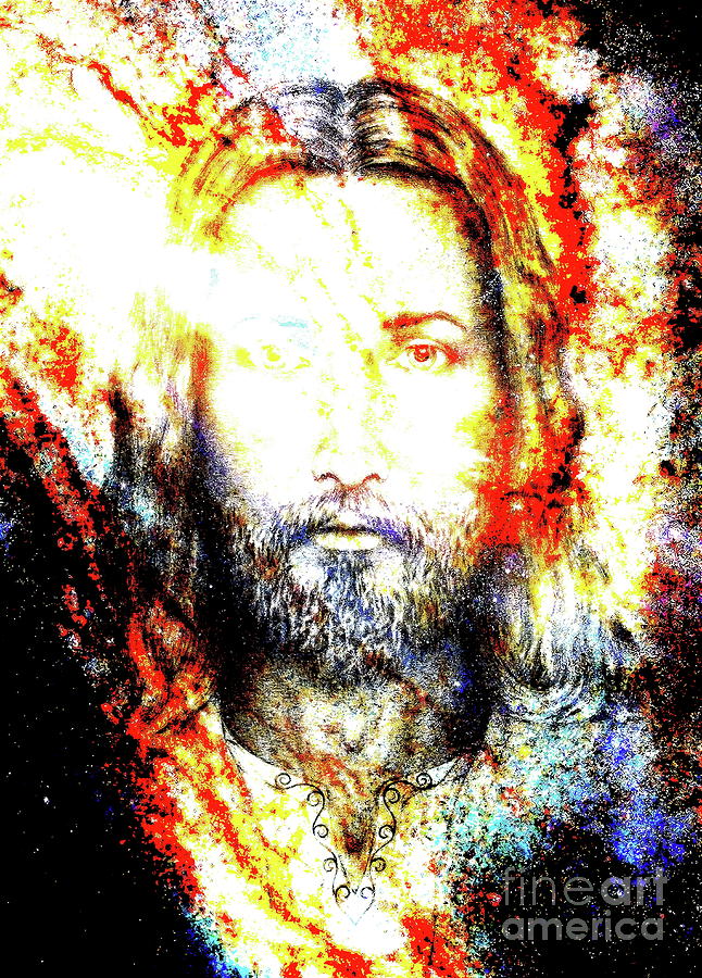 Jesus Christ painting with radiant colorful energy of light, eye ...