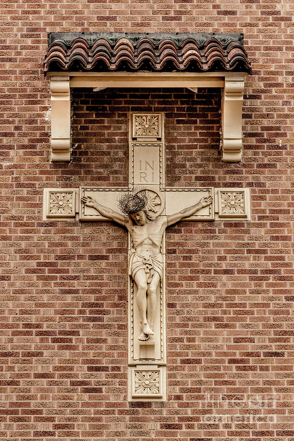 Jesus Crucifix - Catholic Church Brick Wall  Photograph by Gary Whitton