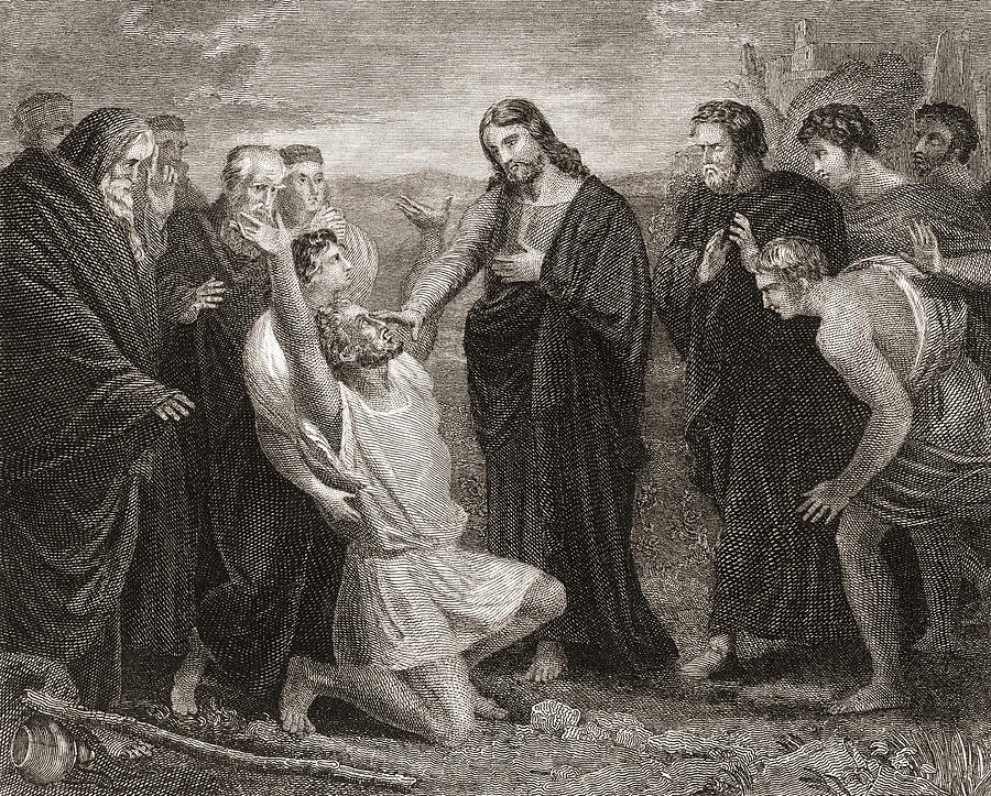 Jesus Healing The Blind. From A 19th Drawing by Vintage Design Pics ...