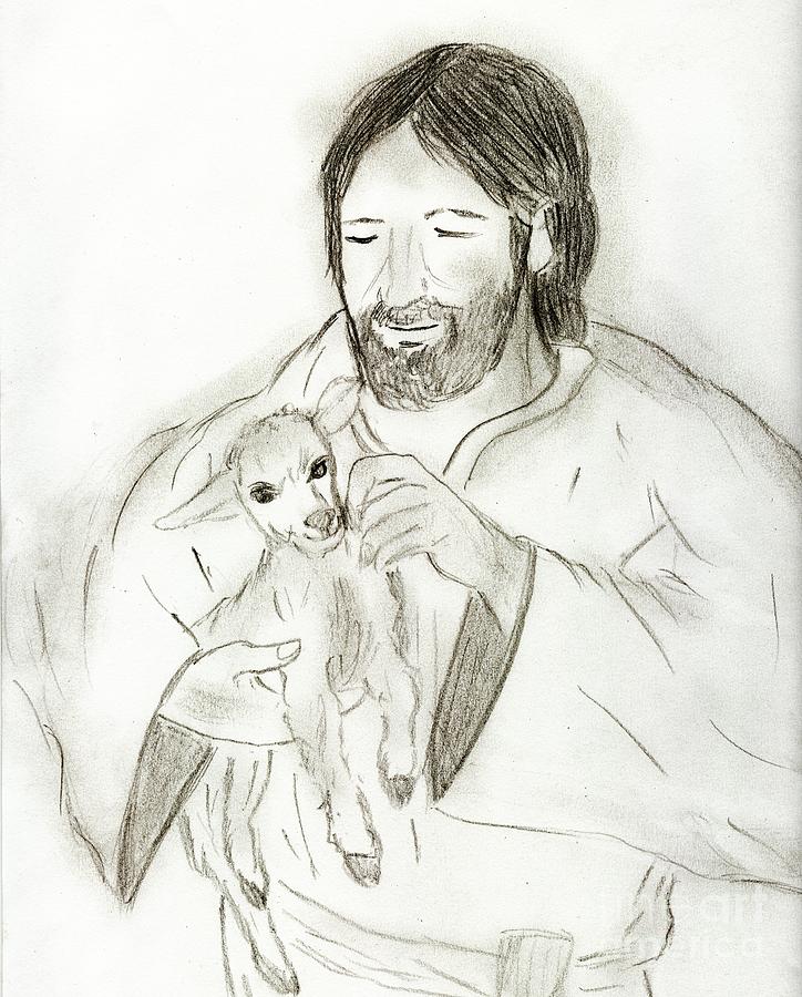 Jesus holding Lamb Drawing by Sonya Chalmers