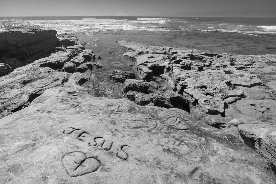 Jesus on the Rock Black and White Photograph by Scott Campbell