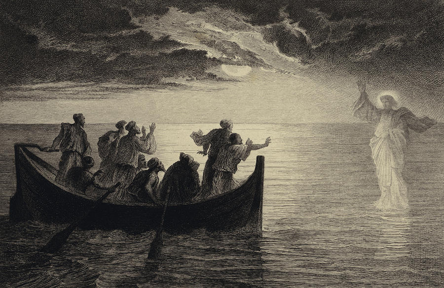 Jesus walking on the Sea Drawing by Albert Robida