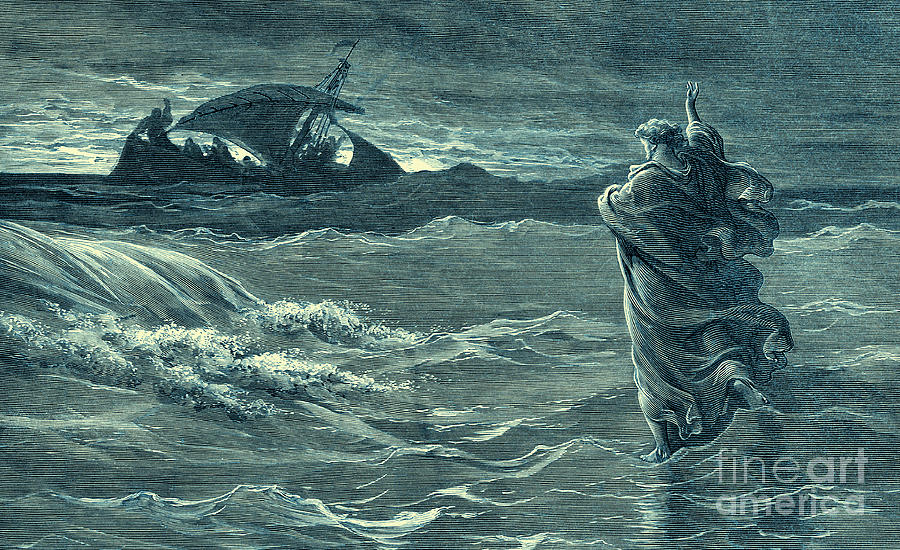 Jesus Christ Drawing - Jesus walking on water by Gustave Dore by Gustave Dore