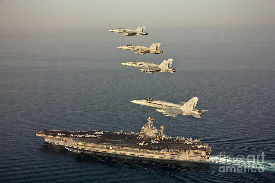 Jets fly in formation above USS Abraham Lincoln Painting by Celestial Images
