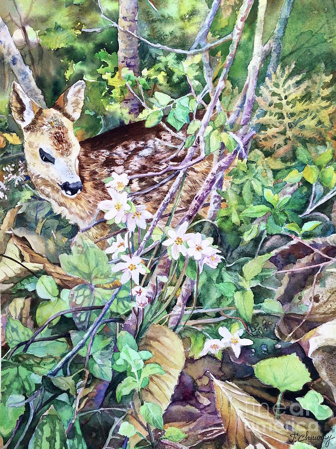 Fawn in The Garden Painting by Francoise Chauray