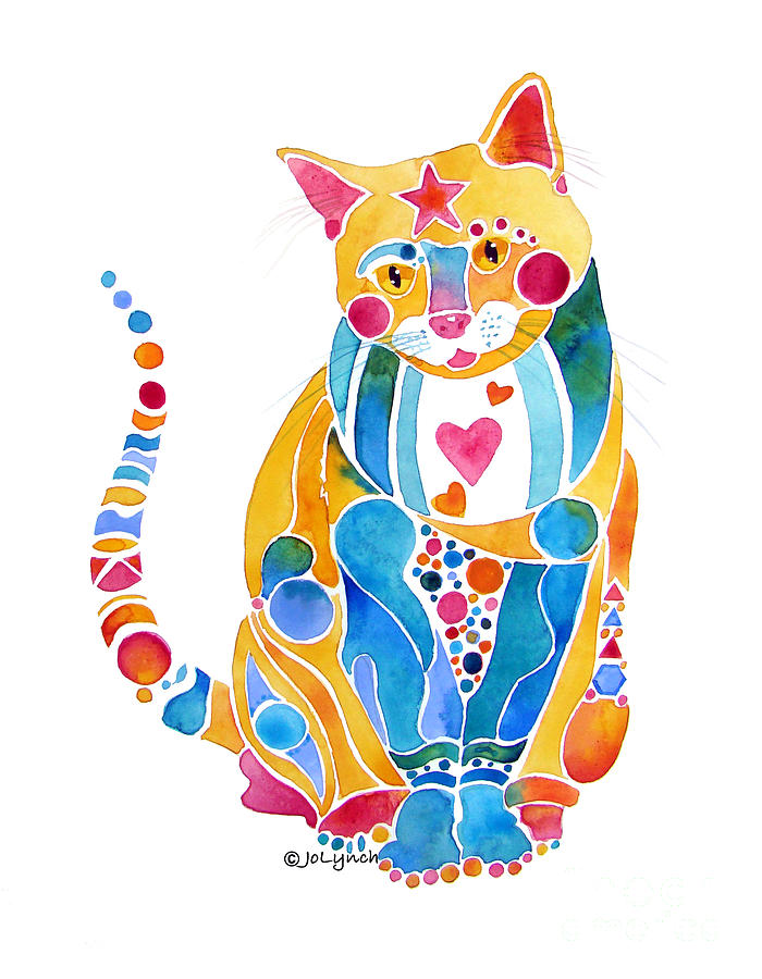 Cat Painting - Jewel Colors Cat with Hearts N Stars by Jo Lynch