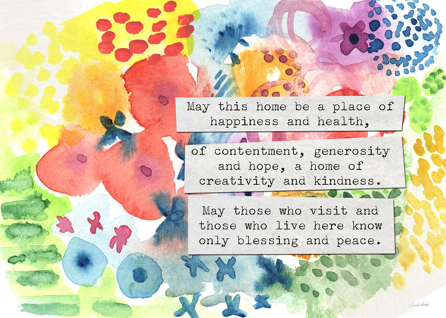 Jewish Home Blessing- Floral Watercolor Painting by Linda Woods