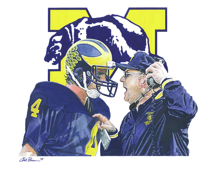 Football Drawing - Jim Harbaugh and Bo Schembechler by Chris Brown