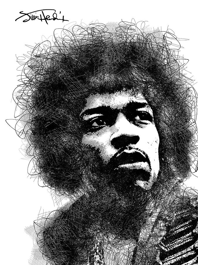 Jimi Hendrix bw scribbles portrait Digital Art by Mihaela Pater - Fine ...