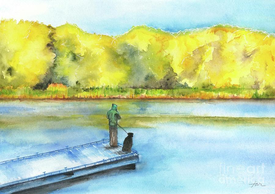 Fall Painting - Jimmy and Jadah fishing off the Winooski River Boat Launch in Colchester VT by Judith Rice