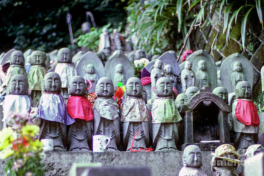 Buddha Photograph - Jizo monk statues with bibs by Ulysse Pixel