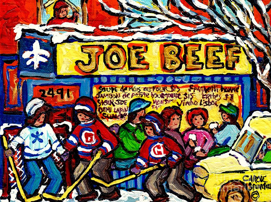 Joe Beef Rue Notre Dame Montreal Winter Scenes Hockey Paintings Canadian Art Carole Spandau          Painting by Carole Spandau