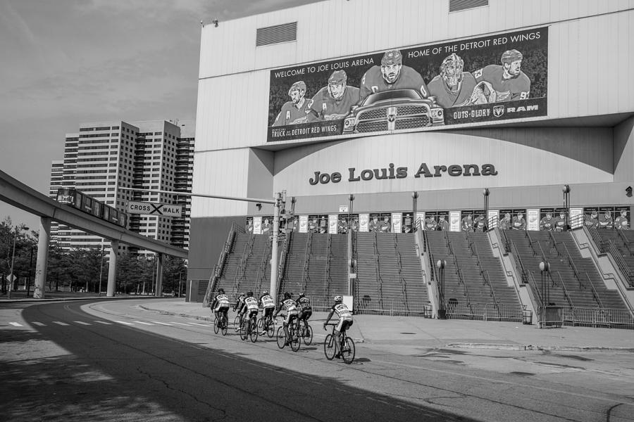 Joe Louis Arena Black And White With Bikers Photograph by John McGraw