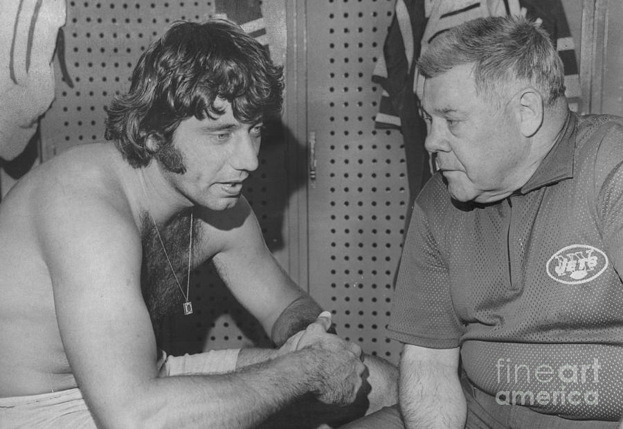 Joe Namath and Coach Weeb Ewbank In the Locker Rooms. 1971 Photograph by  William Jacobellis - Pixels