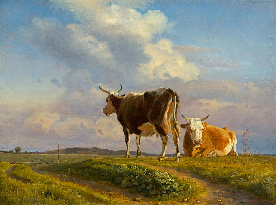 Two Cows in an Open Field Painting by Johan Thomas Lundby