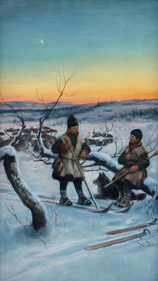 Winter Painting - Johan Tiren   1853 1911   The Sami boys with their reindeers by Johan Tiren