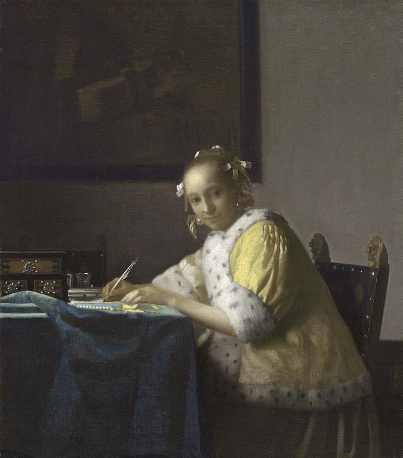 Vintage Painting - Johannes Vermeer A Lady Writing c.  Painting by Johannes Vermeer
