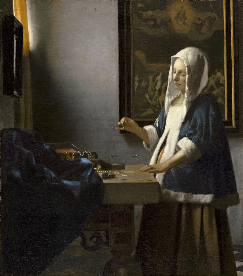 Vintage Painting - Johannes Vermeer Woman Holding a Balance c.  by Johannes Vermeer