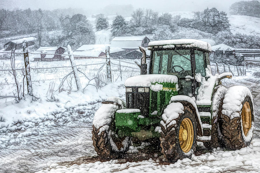 John Deere on a Snowy Day Ink Drawing Photograph by Debra and Dave Vanderlaan