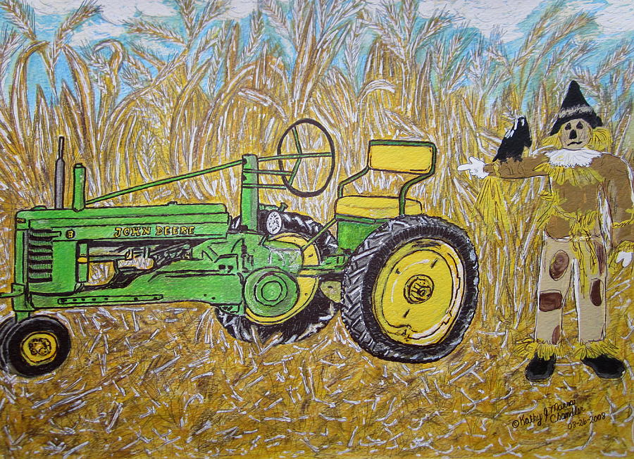 John Deere Tractor and the Scarecrow Painting by Kathy Marrs Chandler