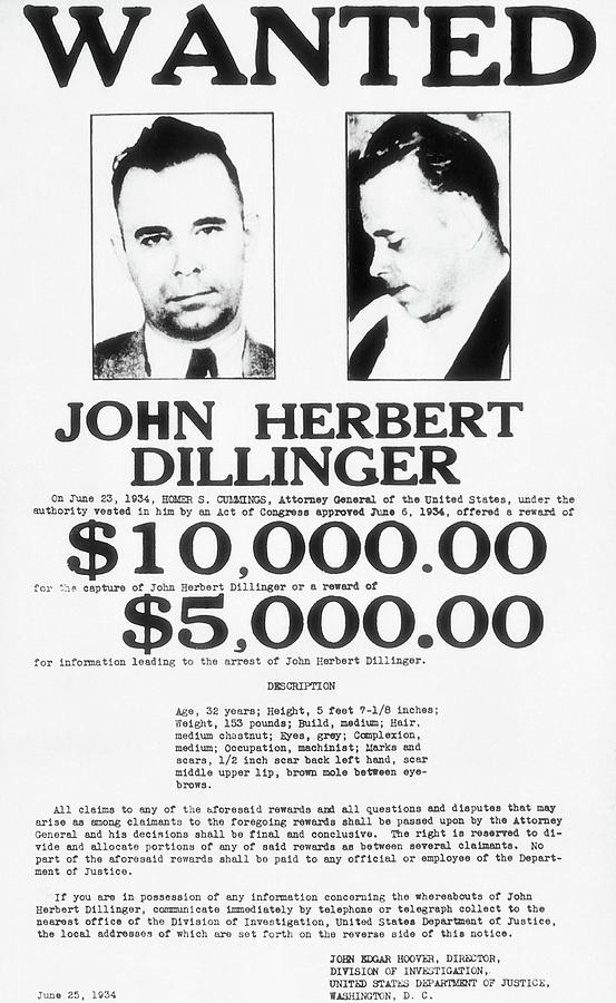 Vintage Photograph - John Dillinger Wanted Poster 1934  by Mountain Dreams
